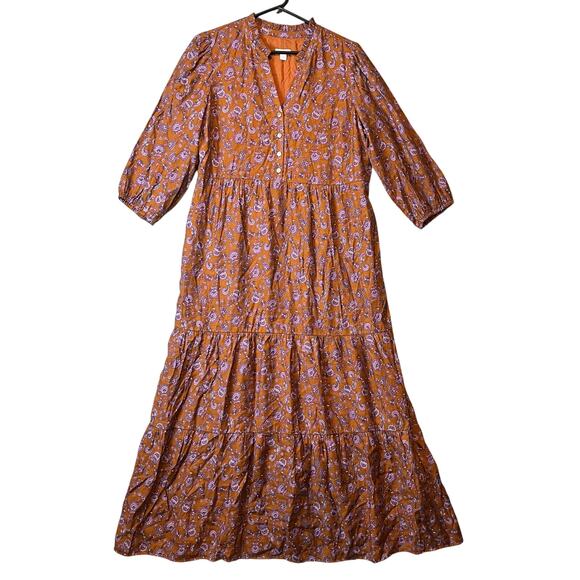 J.Jill Split Neck Tiered Maxi Bronze Purple‎ Paisley Size Small Oversized Boho - Picture 1 of 7